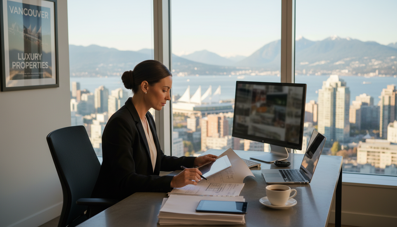 Securing a fully underwritten pre-approval is the most critical step before entering the BC Supreme Court. A professional real estate agent reviewing complex mortgage and foreclosure documents at a modern office desk.