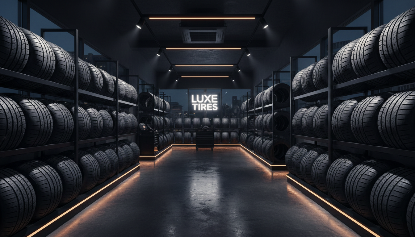 Deep tread patterns are essential for maintaining grip on Delaware's slippery, leaf-covered fall roads. Close up of premium tire tread patterns on display racks in a modern tire shop, highlighting the grooves needed for wet weather traction.