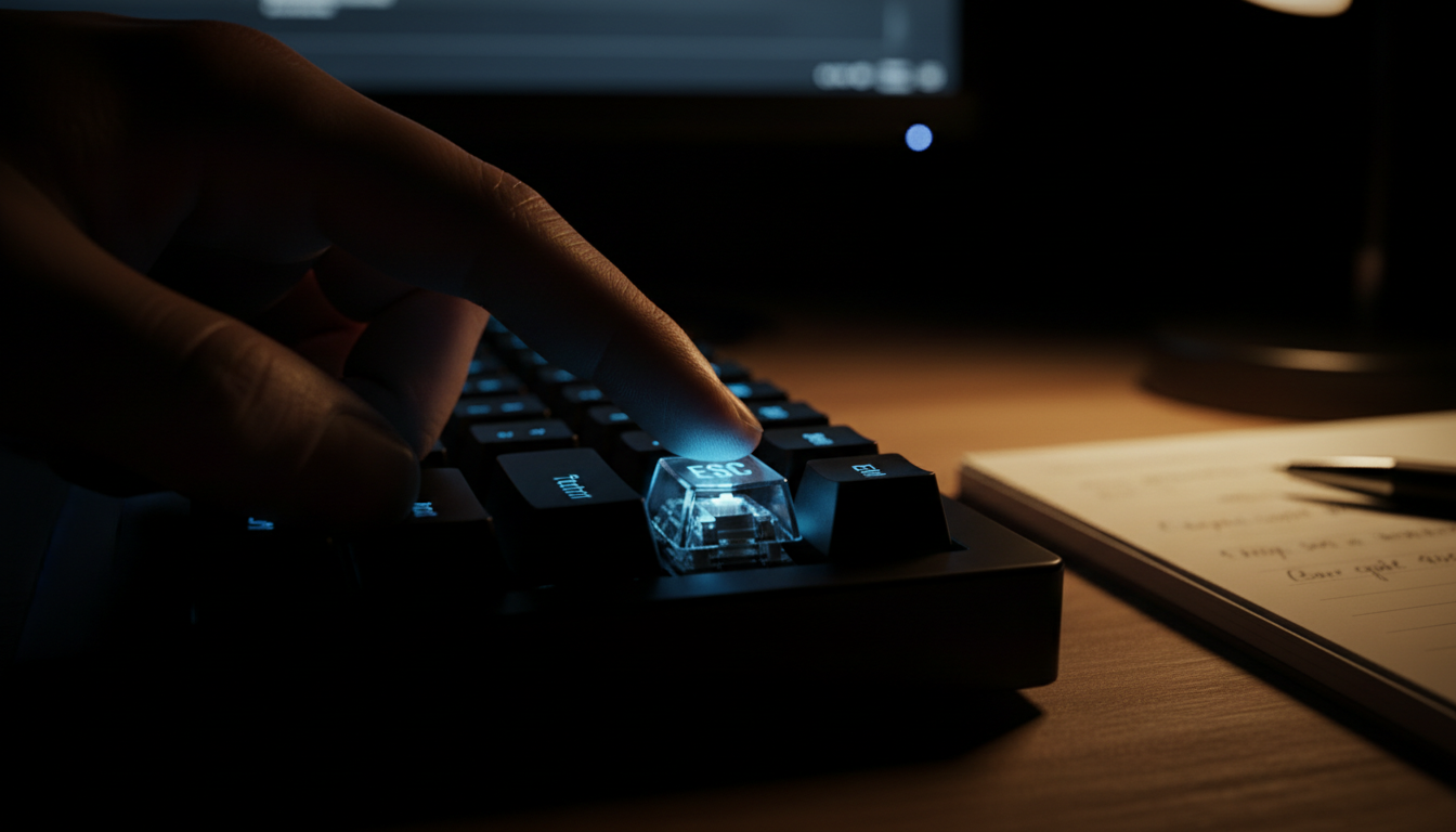 Precision execution is the primary ROI of a fractional COO engagement. Extreme close up of a finger tapping a mechanical keyboard backlit by a cool blue glow.