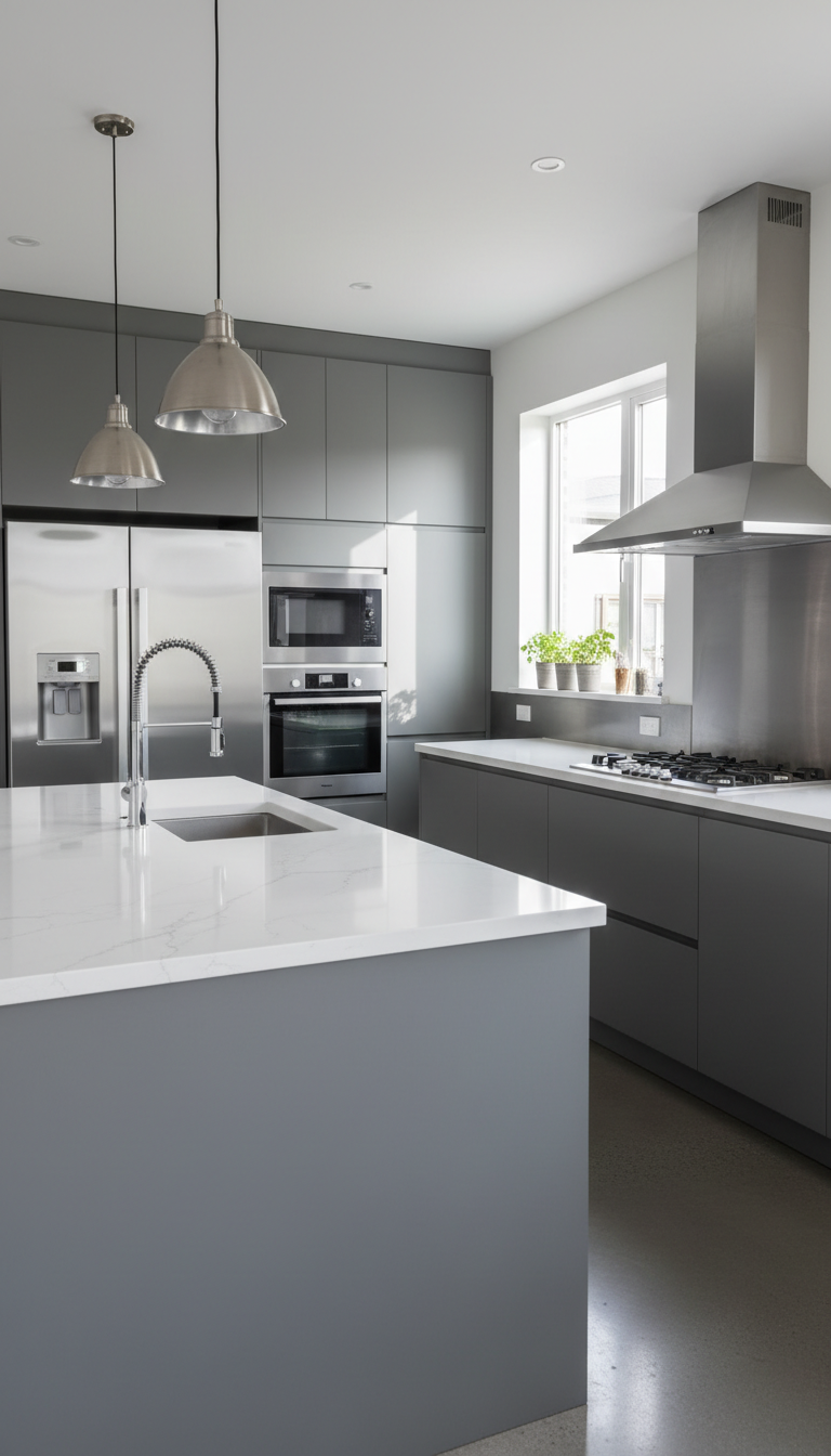 The final result: a functional, modern kitchen delivered on a structured timeline. Modern renovated kitchen in Fort Worth with new cabinets, quartz countertops, and stainless steel appliances.
