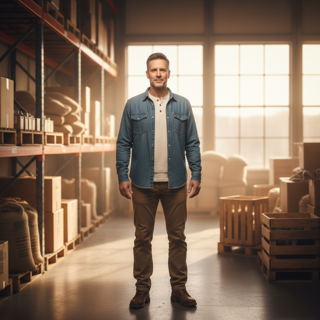 Local leadership ensures that every delivery is handled with personal accountability and regional expertise. Jason Goble, owner of Juab Logistics, standing confidently in a clean, organized warehouse aisle.