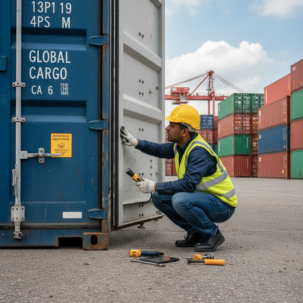Regular inspections ensure container door seals remain watertight in South Florida's humid climate. Professional worker in a safety vest inspecting the door seals and structural integrity of a shipping container at a depot.