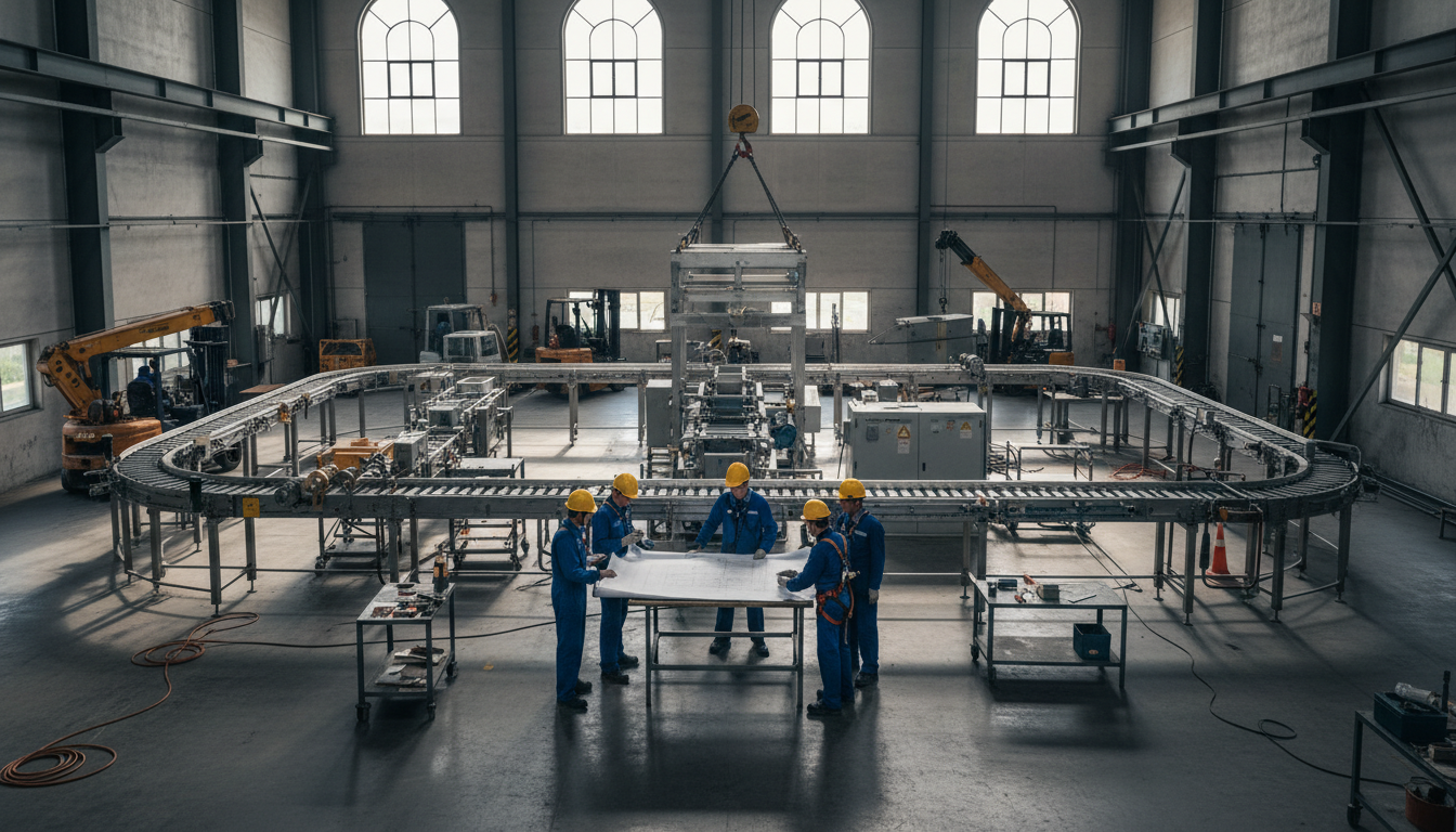 A successful facility commission begins with a design that is optimized for real-world manufacturing. Wide shot of a modern manufacturing plant floor with custom machinery being installed and technicians reviewing blueprints.
