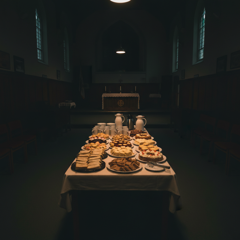 Thoughtful, somber catering arrangements tailored for wakes and memorials. A modest and respectful buffet setup for a wake in a quiet hall with sandwiches and cakes.