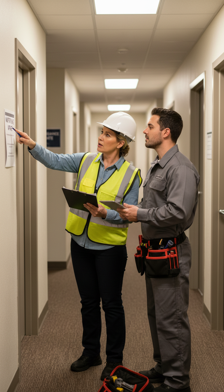 Clear communication and on-site coordination drive the execution phase of the student housing turn. A site supervisor holding a clipboard and giving instructions to a maintenance team member in an apartment hallway