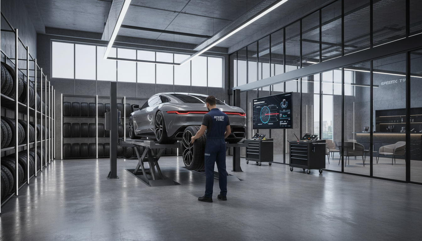 Professional inspections ensure your tires meet both legal and safety standards in Delaware. A professional technician checking tire tread depth on a car lift in a modern Delaware tire shop.