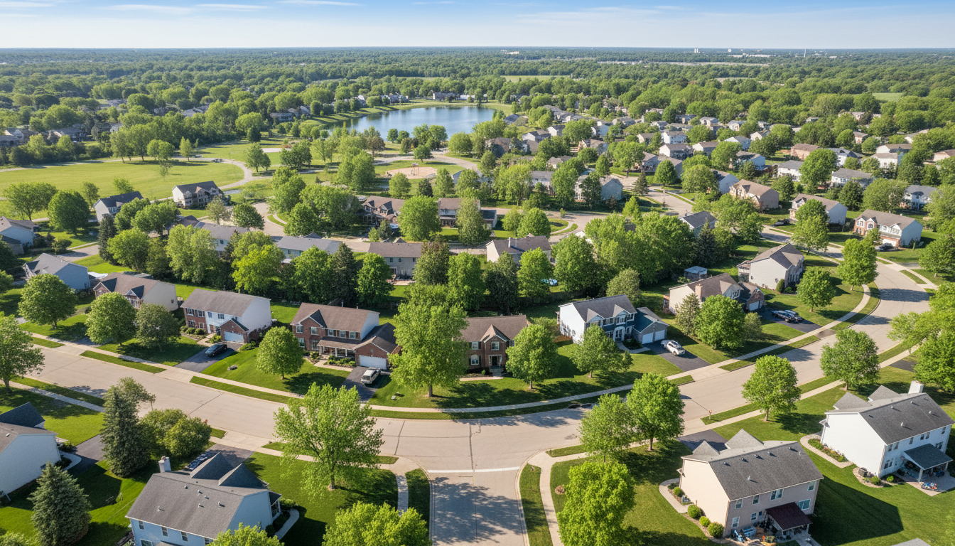 Hawkline Aerial provides professional roof inspections throughout southeast Michigan and northwest Ohio. Aerial drone view of a sunny residential neighborhood in southeast Michigan showing houses and lush green trees.