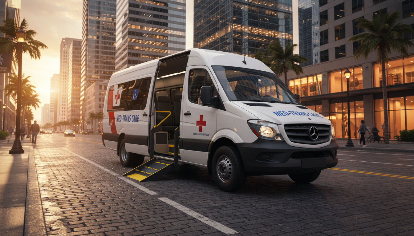 Reliable providers maintain modern fleets designed specifically for patient safety and comfort. A clean, modern non-emergency medical transportation vehicle driving through an urban California area at sunset.