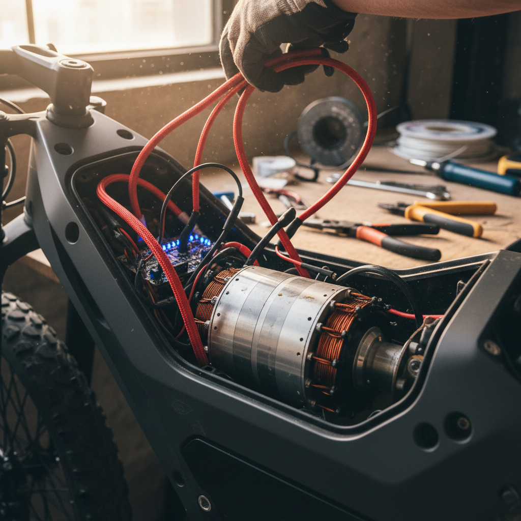 Regular battery and wiring inspections prevent mechanical failures that could compromise your safety and insurance coverage. A rider's hands making adjustments to an open electric bike battery compartment and wiring.