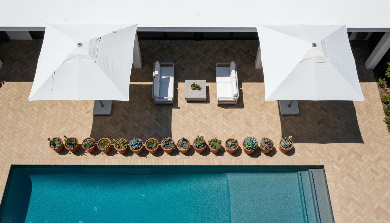 Intricate paver patterns provide both structural strength and high-end aesthetic appeal. High angle view of a herringbone pattern paver pool deck in a clean, modern geometric layout.