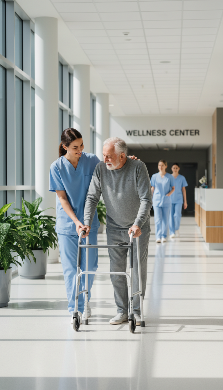 RideRx goes beyond the vehicle, assisting patients through the doors of their medical appointments. A professional caregiver assisting a senior patient with mobility inside a bright, modern medical facility in Newport Beach.