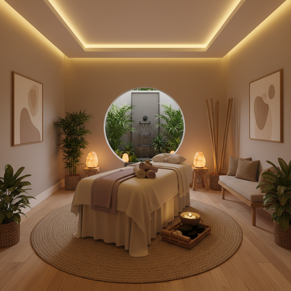 Personalized add-ons help tailor every session to exactly what your body needs. Serene massage studio interior with soft warm lighting and a peaceful relaxation atmosphere