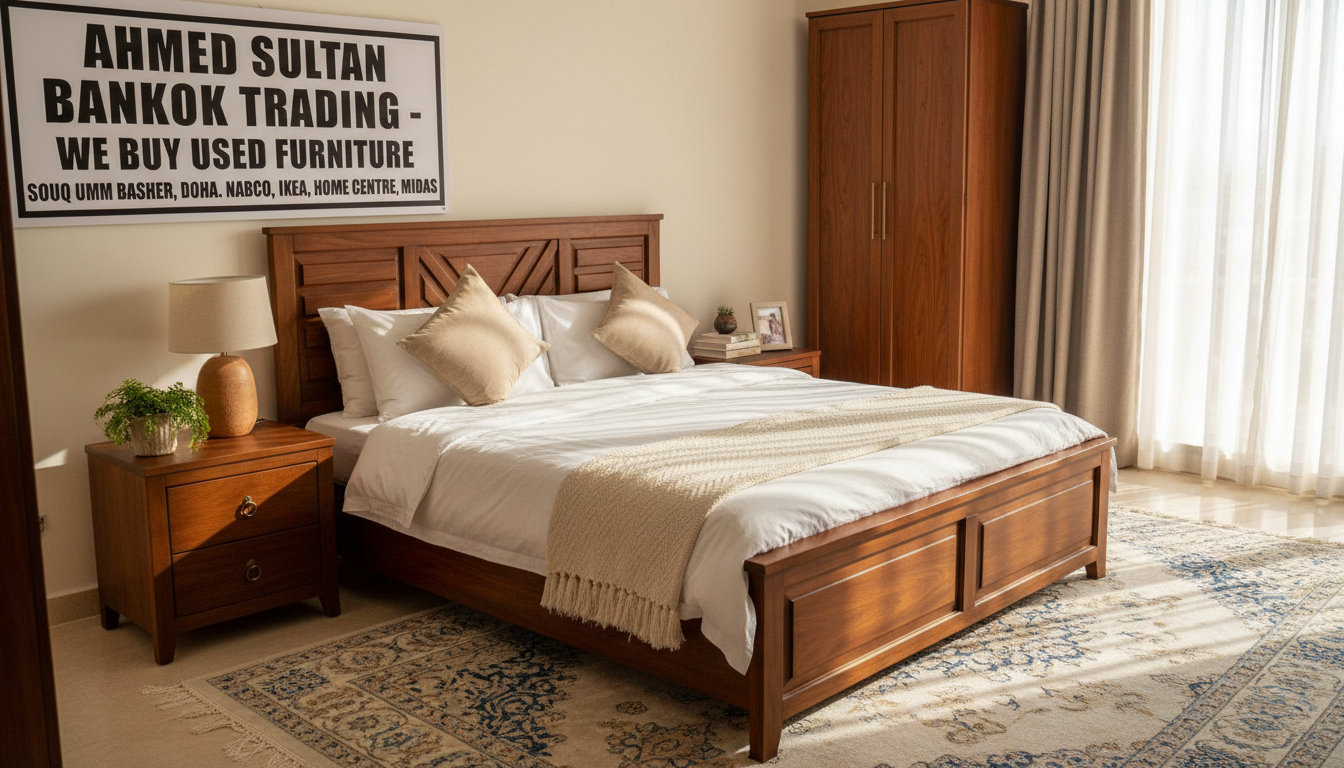 Pristine bedroom sets from premium brands typically receive the highest cash offers in Doha. Wooden bedroom set with nightstands in a clean Doha bedroom showing excellent condition for resale.