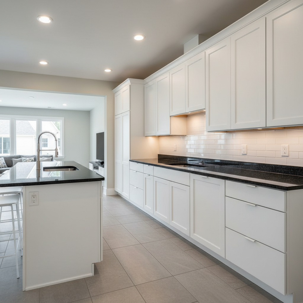 The evolving Shaker style remains a top choice for Utah homeowners seeking timeless appeal. Custom white Shaker-style kitchen cabinets with granite countertops in a modern Utah home interior.