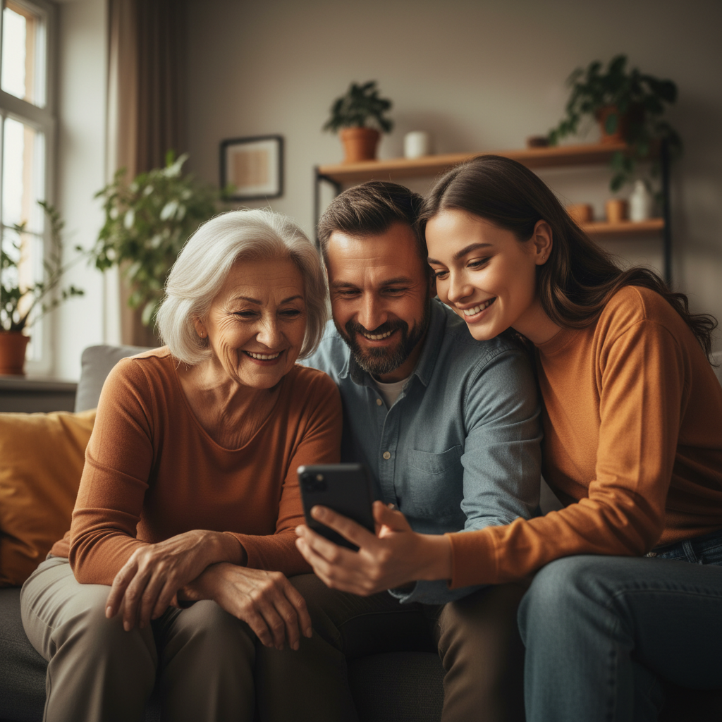 Tablets are versatile tools that serve everyone from students to seniors in the modern household. Three people of different ages gathered around a mobile device in a comfortable home setting.