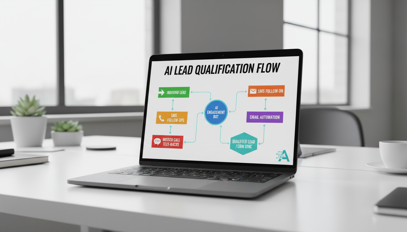 Automation ensures that every lead follows a proven path to conversion without manual effort. A laptop screen showing a detailed AI powered lead qualification and follow up flowchart for home services.