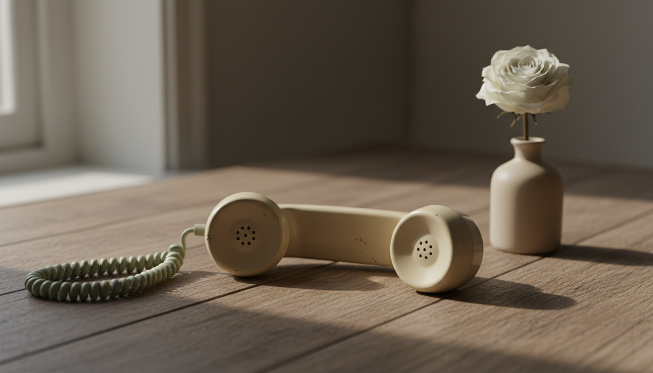 Speaking your truth out loud often reveals insights that remain hidden when kept inside. A vintage telephone receiver on a wooden desk with a single dried flower in a ceramic vase.
