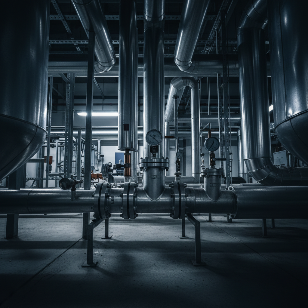 Sistemas de acumulación térmica de SAGA para optimizar el consumo energético en naves apícolas. Tuberías de refrigeración industrial y tanques de acumulación térmica en una instalación moderna.