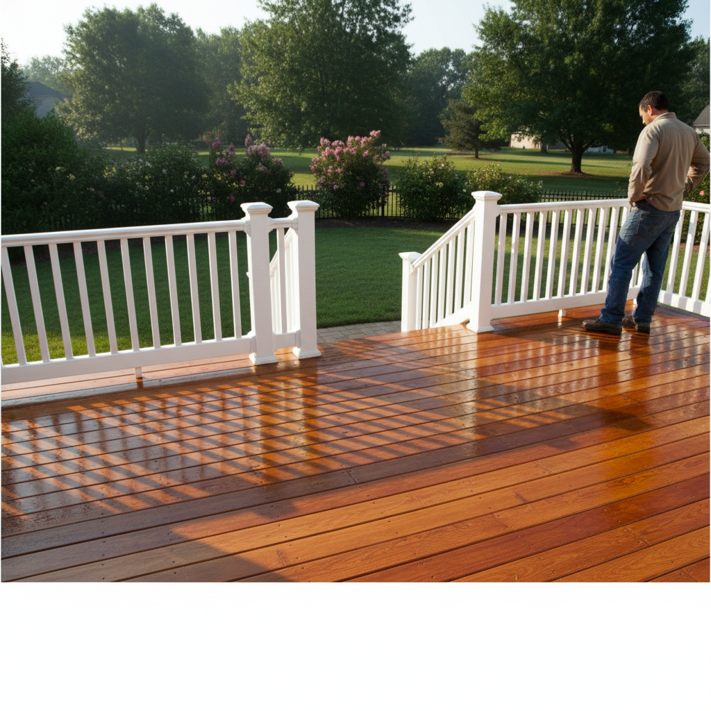 A fresh seal on your deck prevents wood from absorbing snow and ice during the winter months. Freshly stained and sealed residential deck showing a protective finish against winter moisture.