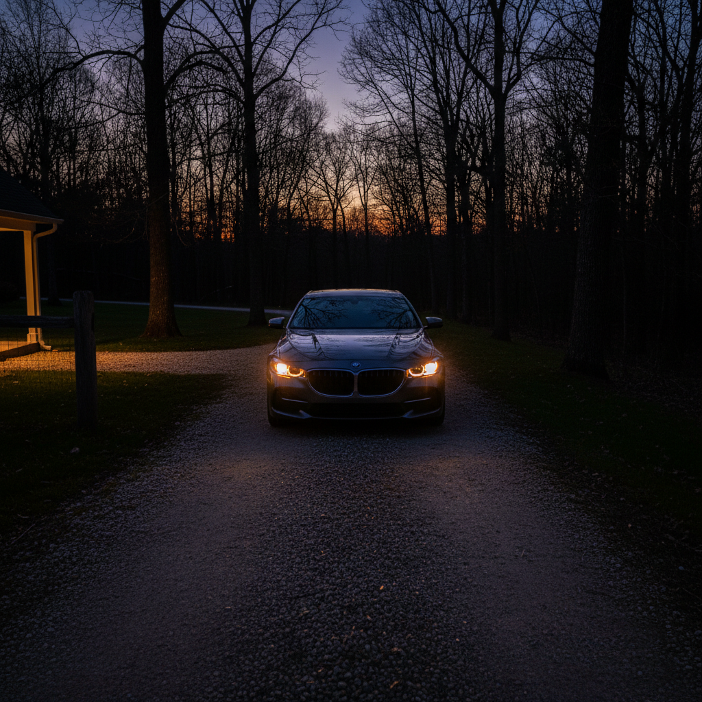 Dim headlights at idle are a classic sign your battery or charging system needs attention. Car headlights glowing dimly in a dark driveway, indicating a weak battery or electrical issue.