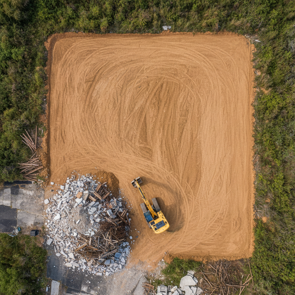 Project costs are influenced by the volume of debris and the level of site clearing required. Overhead view of a cleared lot with a pile of debris pushed to one corner.