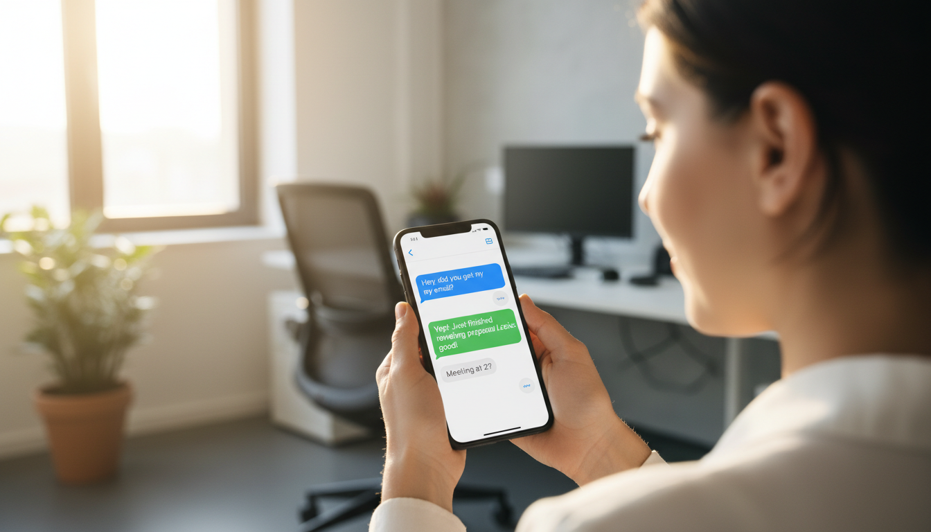 La firma por SMS permite emitir tu justificante para circular al instante y sin desplazamientos. Persona usando un smartphone para recibir un SMS de firma digital en un entorno de oficina luminoso.