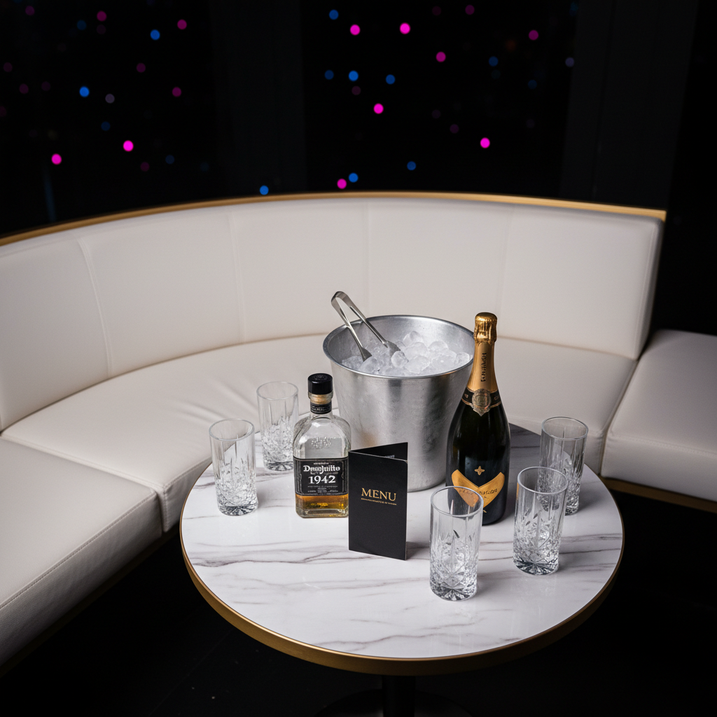 Il servizio al tavolo VIP permette di gestire il budget in modo chiaro e trasparente per tutto il gruppo. Vista dall alto di un tavolo privato in uno strip club di Barcellona con bottiglie premium e ghiaccio