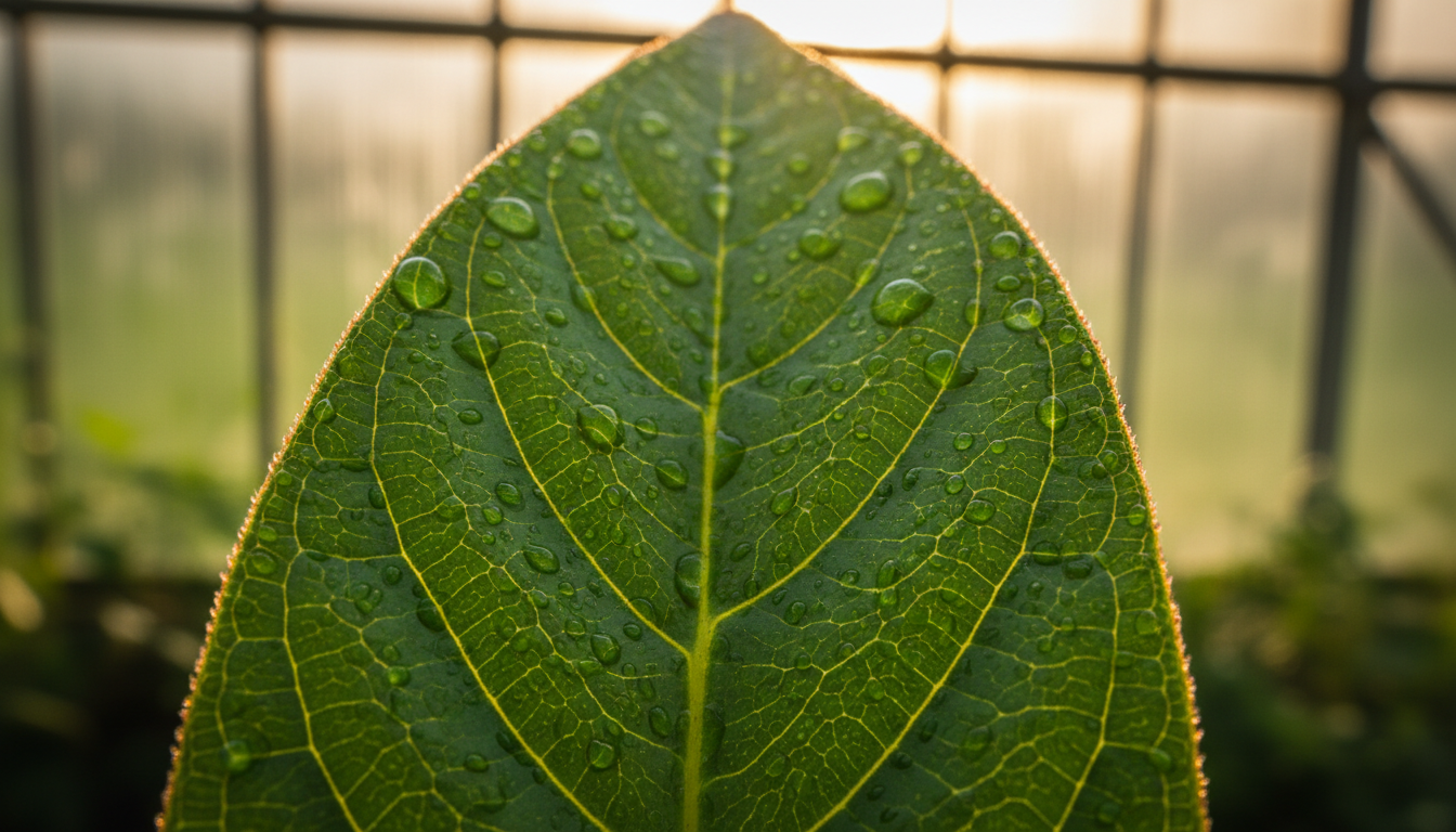 Leaves serve as the primary engine for capturing atmospheric carbon through photosynthesis. Macro close-up of a green leaf with water droplets showing detailed texture and sunlight through the surface.