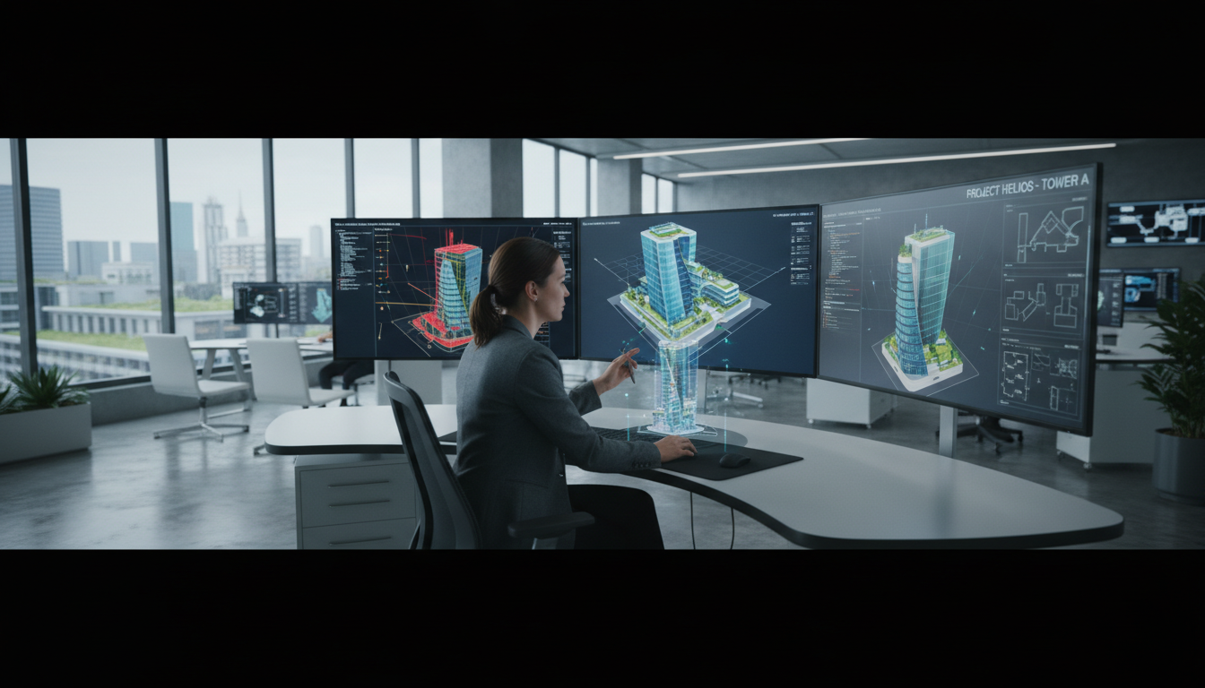 Seamless Revit integration starts with high-quality LAS or RCP file indexing. BIM engineer working on architectural 3D models using drone-captured datasets in a modern design studio.
