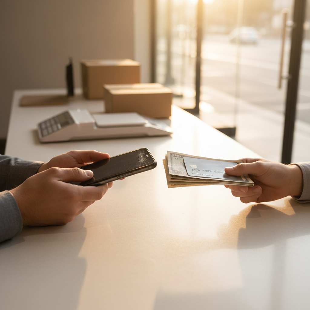 Trading in your device is the fastest way to lower the cost of an upgrade. A customer hands over an old smartphone at a service counter in exchange for credit or value.