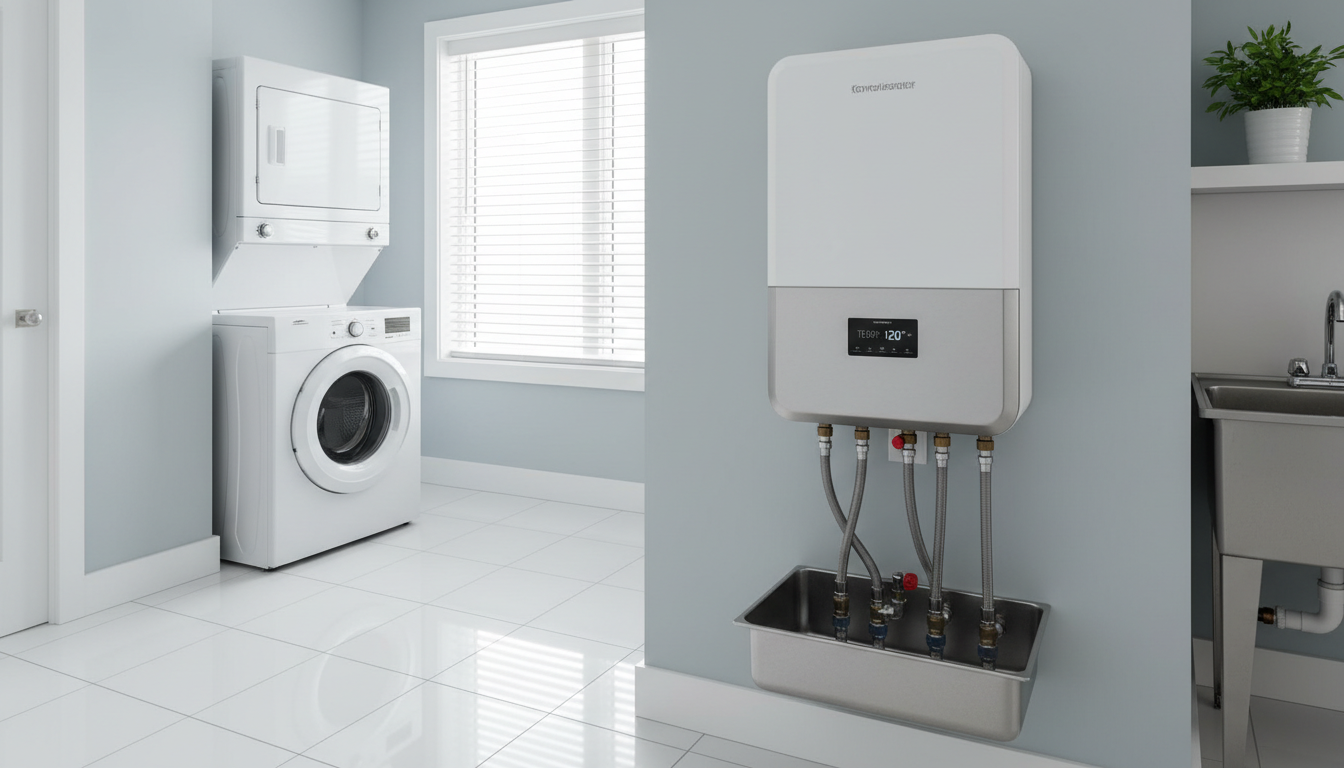 Whole-home systems treat every drop of water before it enters your plumbing system. Modern water heating and filtration equipment installed neatly on a utility room wall with clean lines.