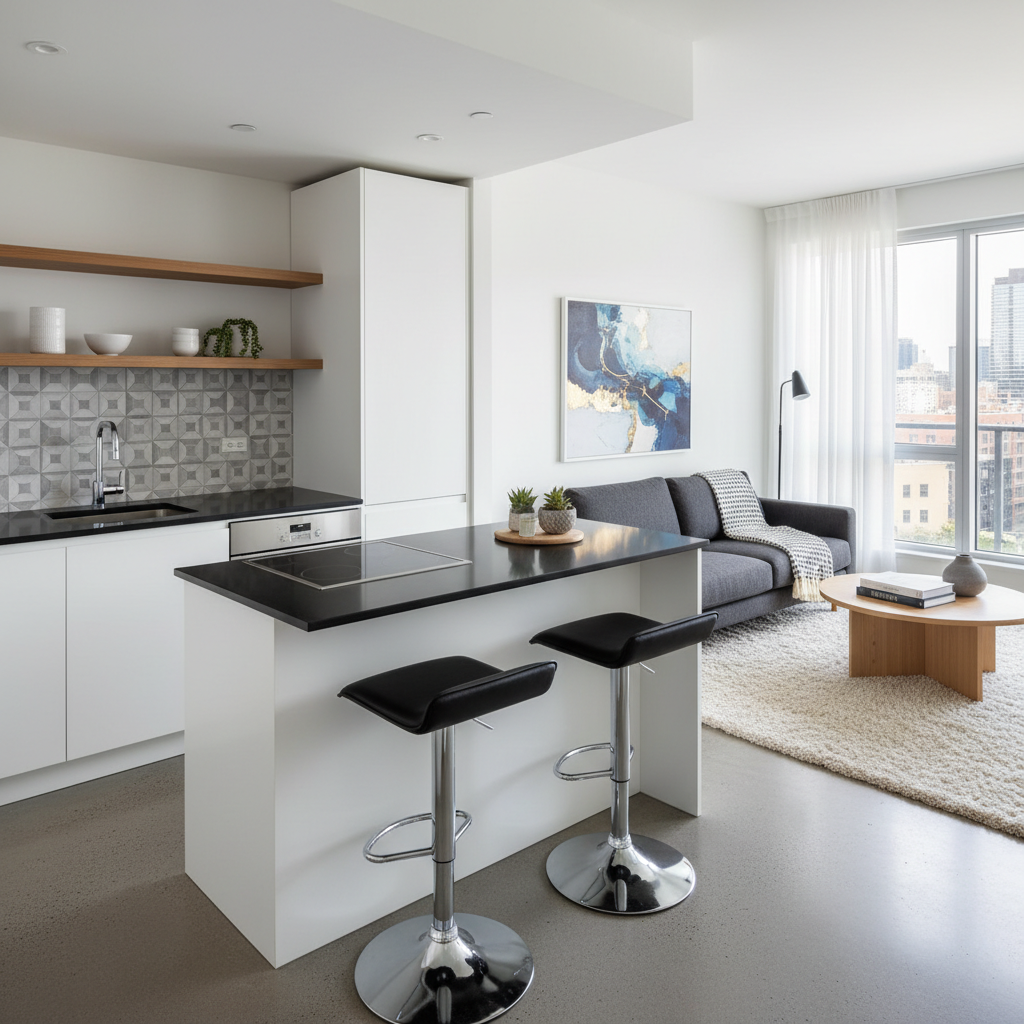 Self-contained kitchenettes allow for independence while sharing the same property. A compact modern kitchenette and living space designed for a secondary suite or ADU.