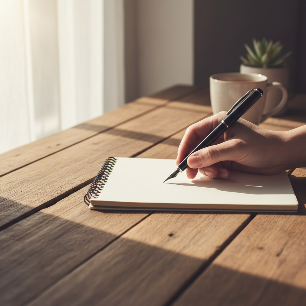 Journaling for just ten minutes can significantly reframe your daily narrative. Hand placing a pen on a notebook on a wooden desk with soft natural lighting.