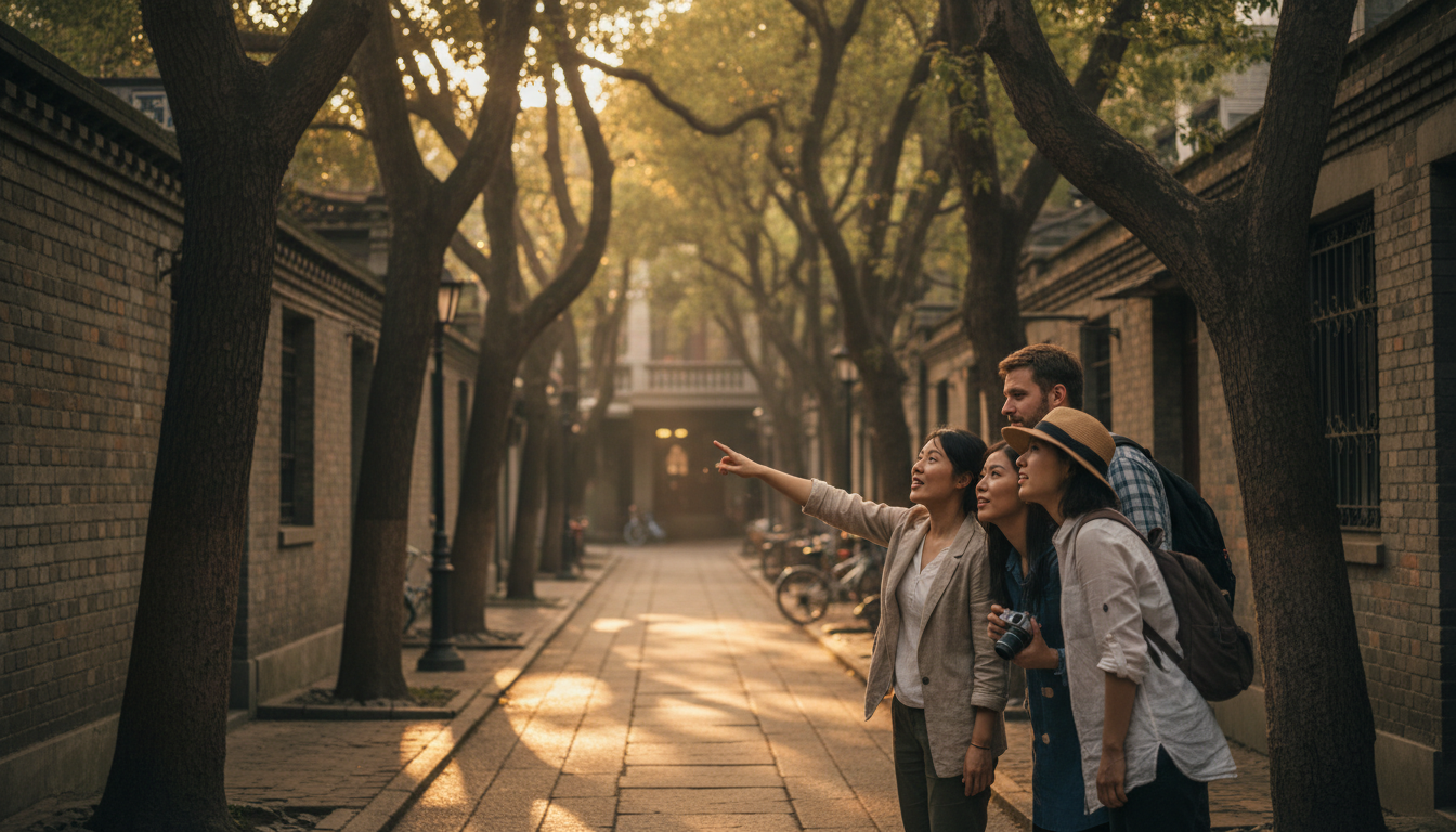 The iconic plane trees create a beautiful, shaded canopy perfect for a mid-afternoon stroll. A guide pointing down a lane lined with old plane trees during the golden hour.