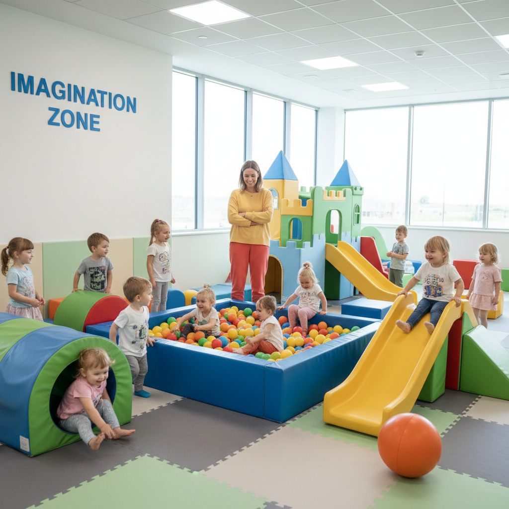 Active supervision and peer interaction are key components of a successful school field trip. A teacher or supervisor watching over a group of young children as they interact and play in a colorful indoor play area.