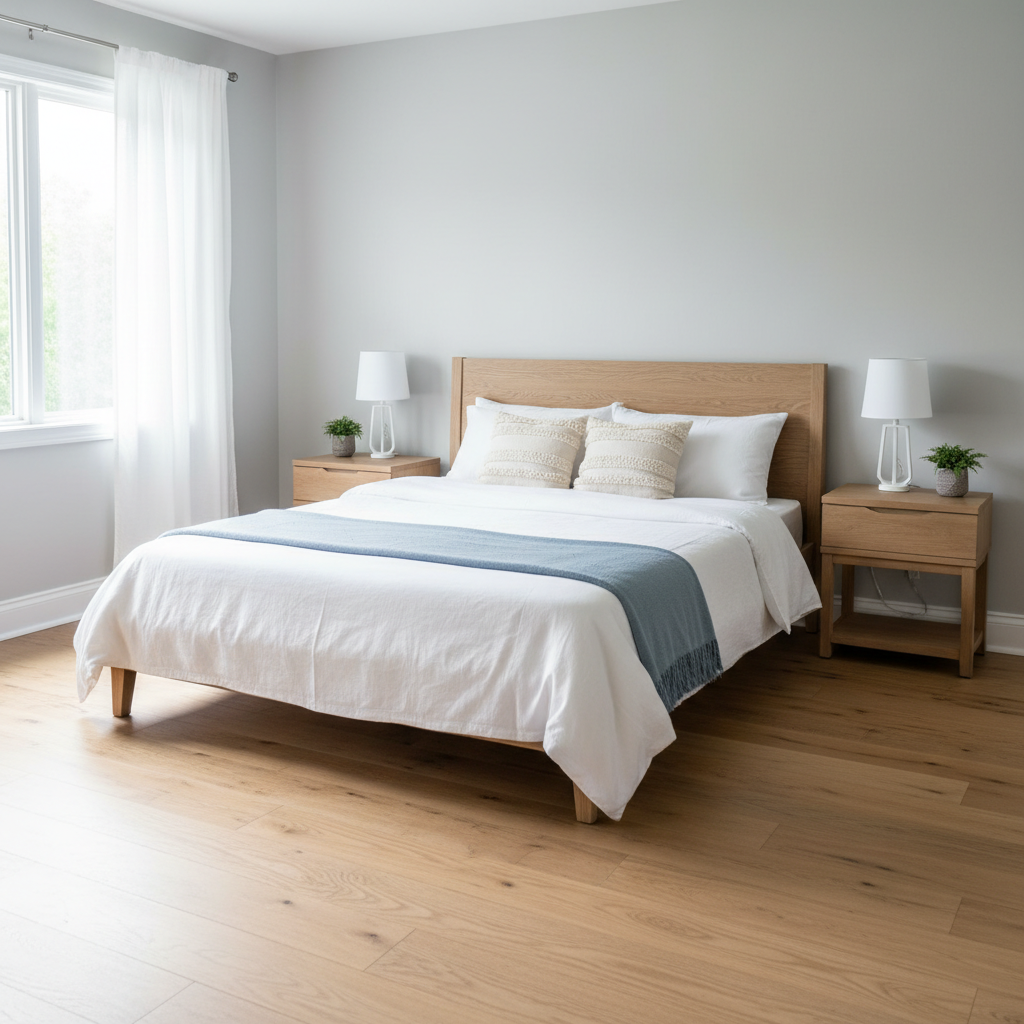 Airbnb cleaning requires a 'hotel-level' reset to ensure every guest feels like the first guest. A guest-ready Airbnb bedroom with a perfectly made bed and spotless baseboards in a bright room.