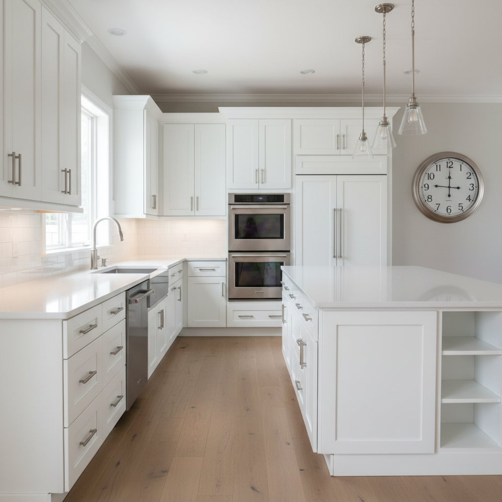 While trends change, high quality shaker cabinets remain a versatile choice for many homeowners. Bright kitchen with white shaker cabinets and brushed nickel hardware showing a timeless look.