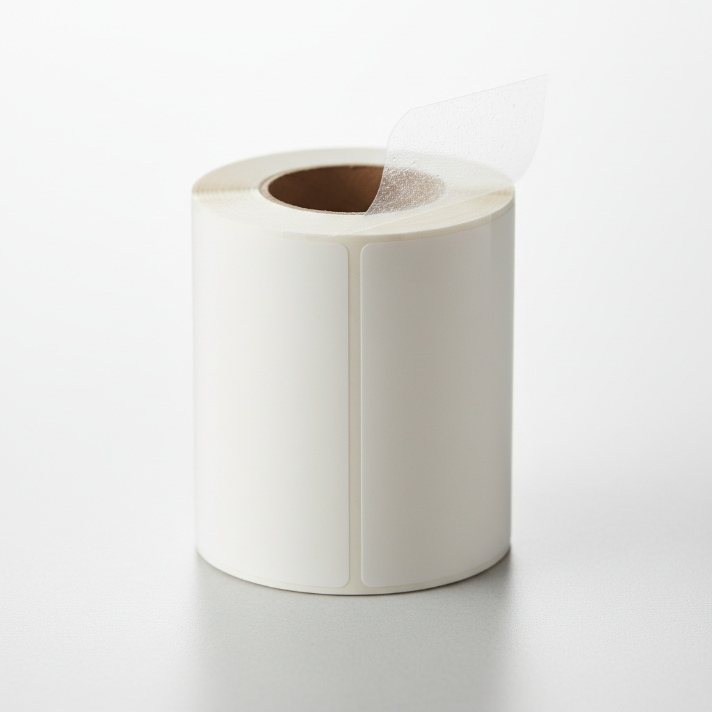 Synthetic materials like BOPP offer the necessary moisture resistance for beverage packaging. Close-up of a clear film adhesive label roll with one corner peeled back to show texture and thickness.
