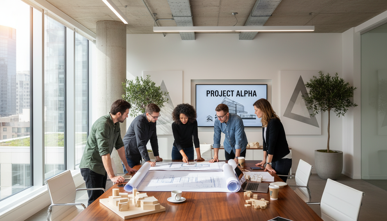 O planeamento rigoroso transforma visão em ativos físicos de alto impacto social. Arquitetos a rever planos e plantas em mesa de escritório moderno, planeando projetos de desenvolvimento.