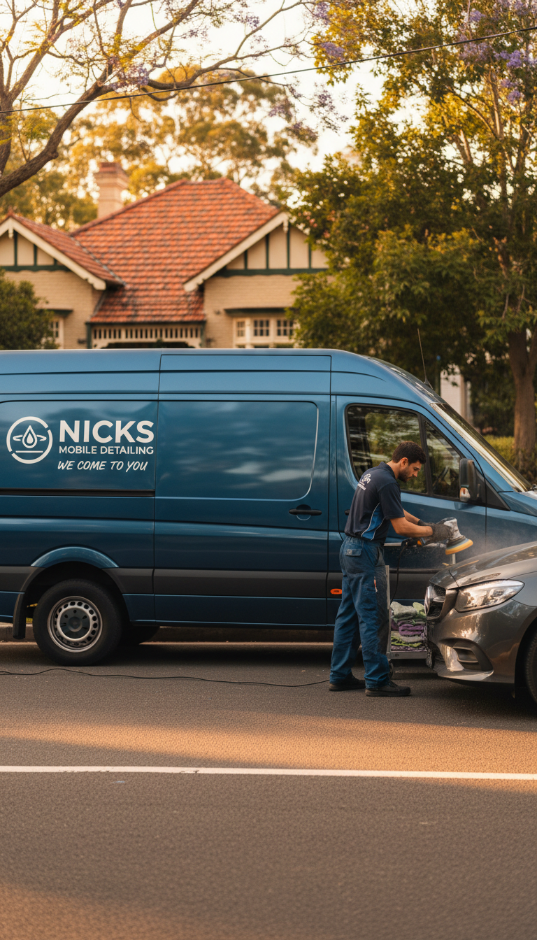 We bring professional interior protection directly to your home or office anywhere in Sydney. Nicks Mobile Detailing van parked on a Sydney residential street during an on-site service appointment.