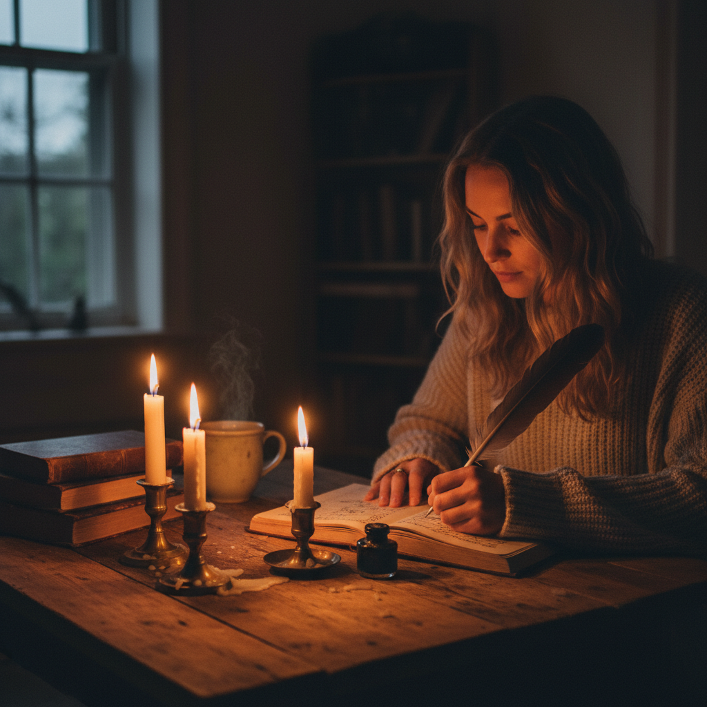 Staying vigilant while browsing digital libraries ensures your data remains as secure as a locked vault. A person focused on writing and researching at a desk illuminated by candlelight at night.