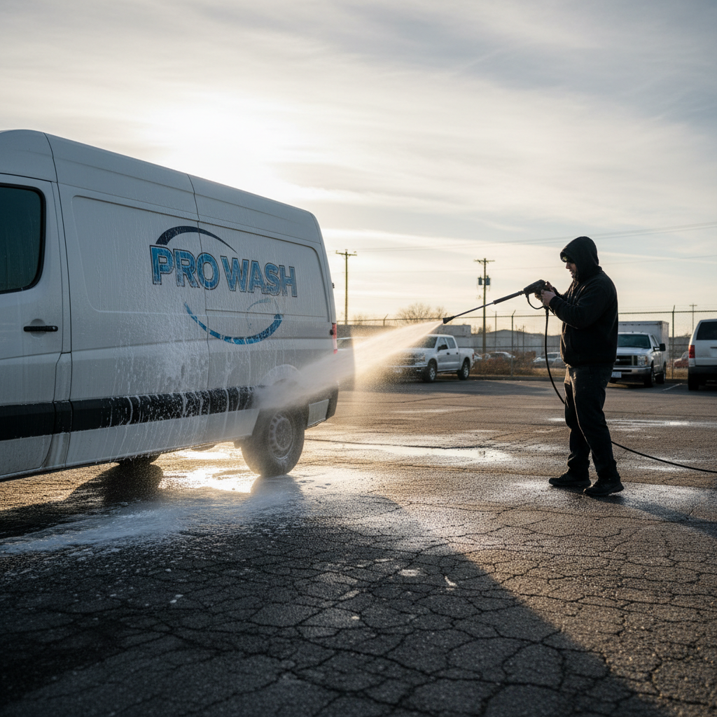 Professional hand-washing is the only way to safely clean a delicate soft top. A detailer using a pressure washer at a safe distance on a vehicle.