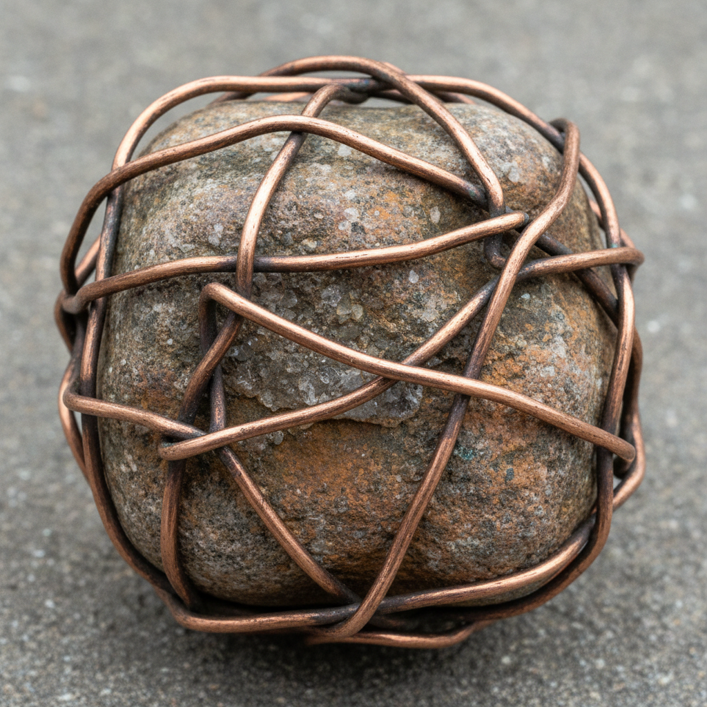 Precision tension in wire wrapping ensures the stone stays secure without the need for glue. Close up view of thick copper wire expertly wrapped around a natural stone showing high tension.