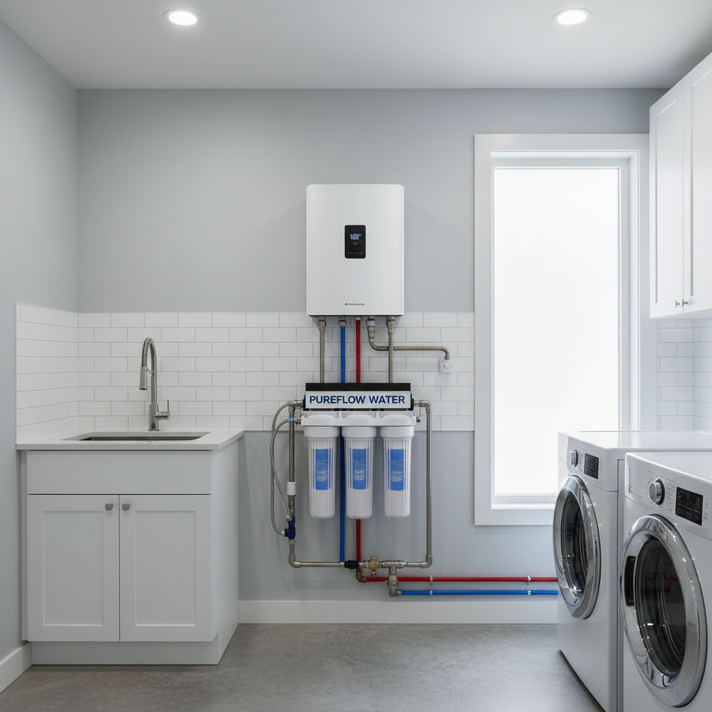 Integrating advanced water filtration during a kitchen remodel protects your high end appliances from mineral damage. A modern utility room showing a professionally installed whole home water filtration system and tankless water heater.