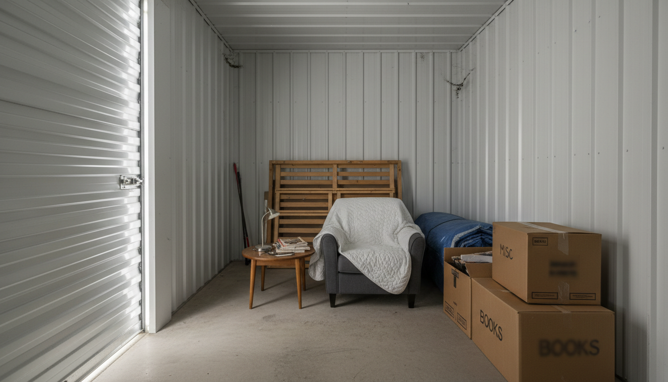 Properly spacing furniture and boxes allows for better airflow during long-term storage. A storage unit containing a wooden table and several neatly stacked cardboard boxes, demonstrating furniture storage.
