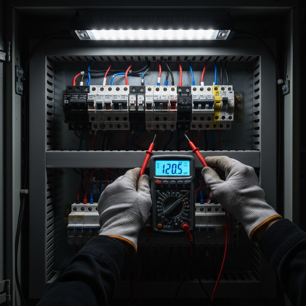 Professional diagnostics can determine if your breakers are tripping due to a simple overload or a faulty panel. An electrician using a digital multimeter to test a circuit breaker inside a residential panel.