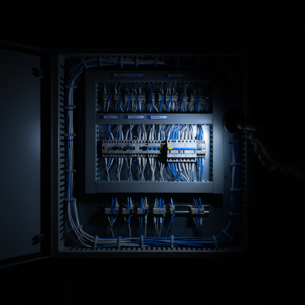 Precision wiring for a hard-wired NVR system ensures maximum reliability and uptime. Detailed view of organized data cabling and wiring inside a professional electrical panel for a home security system.