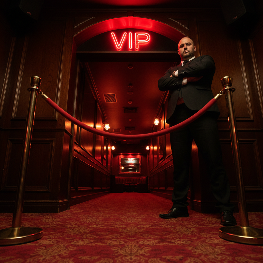 Assicurati l accesso privilegiato ai migliori club della citta senza attese inutili. Ingresso dell area VIP in un club di Barcellona con corda di velluto rosso e insegna neon VIP