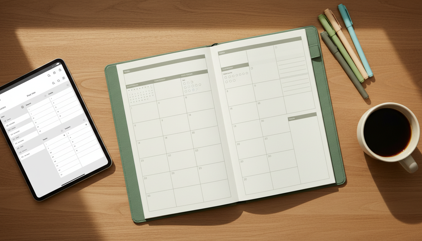 A dedicated brain dump session helps clear mental clutter and focus on priorities. A clean desk flat lay with a printable planner, tablet, and colorful pens, symbolizing a creative brain dump session.