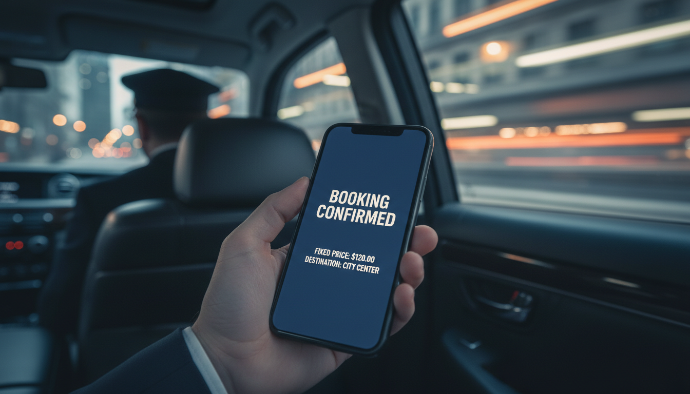 Fixed pricing means no surge charges, regardless of traffic or terminal delays. Passenger in the back of a luxury car holding a phone showing a fixed-rate booking confirmation.